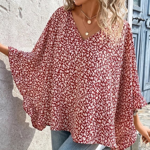 Boho Ditsy Floral Print Batwing Sleeve Blouse - Picture 2 of 5